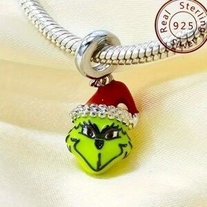 S925 Sterling Silver & Enamel GRINCH Charm Bead with Santa Hat - NWT